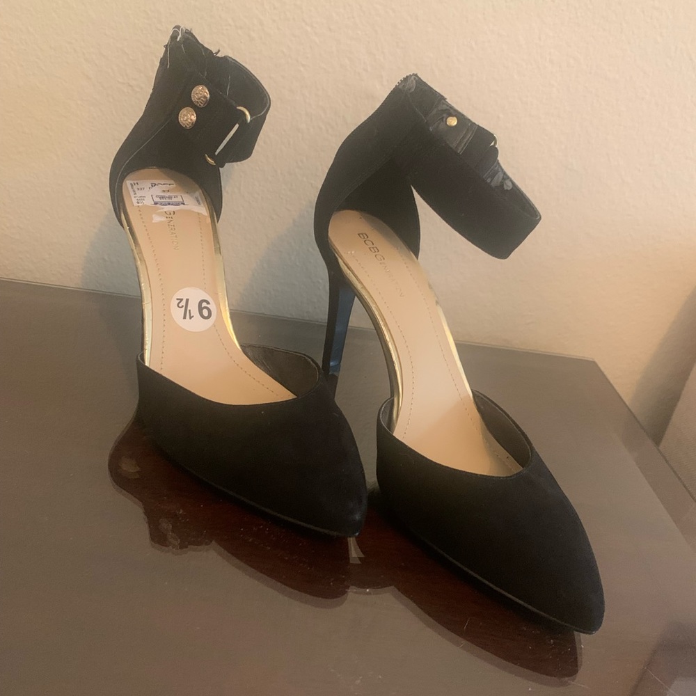Black suede BCBG Strappy heels for women